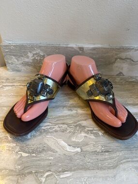 Embellished Metallic Thong Sandals - Gold/Black